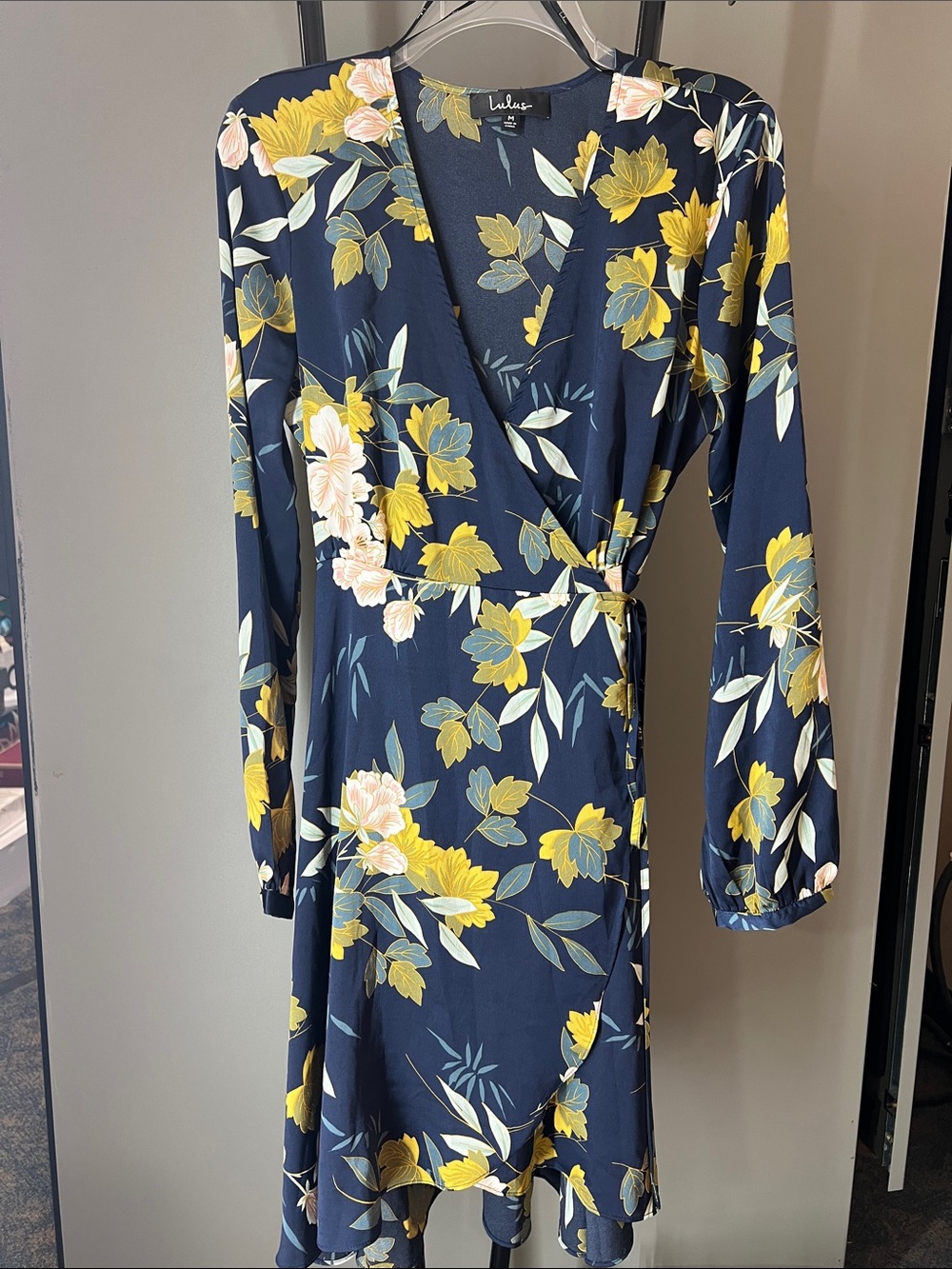 Lulu's Navy Floral Wrap Dress with Yellow & Cream Blooms - Long Sleeve